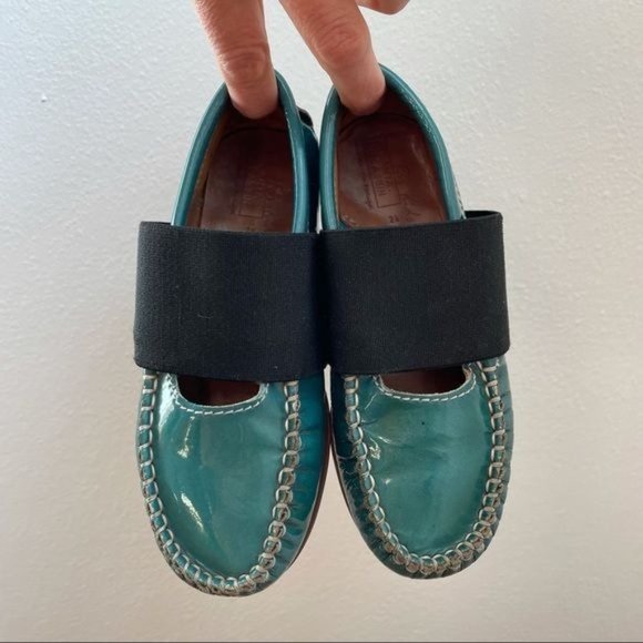 Atlanta Mocassins Kids Teal Patent Leather Slip-On Loafers with Elastic Strap - Picture 1 of 10
